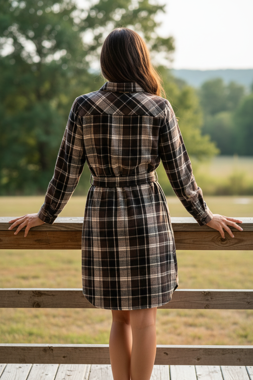 Belted Plaid Button-Up Front Boyfriend Collared Neck Long Sleeve Mini Shirt Dress