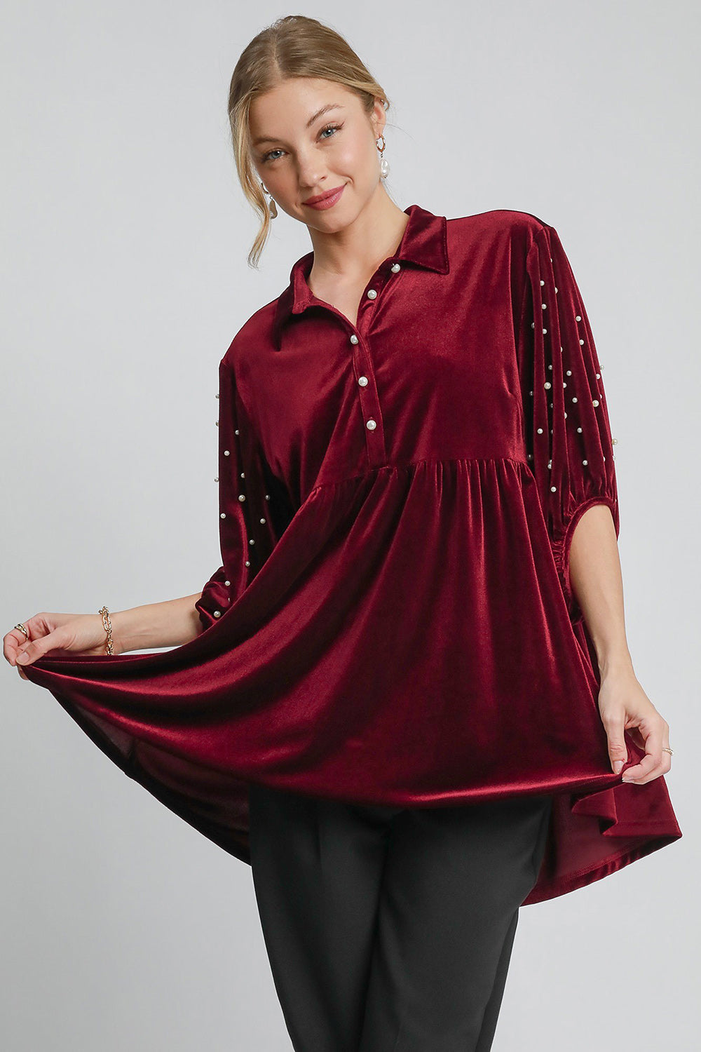 Umgee Pearl Velour Boho Oversized Tunic Top Babydoll Button Shirt Velvet Blouse