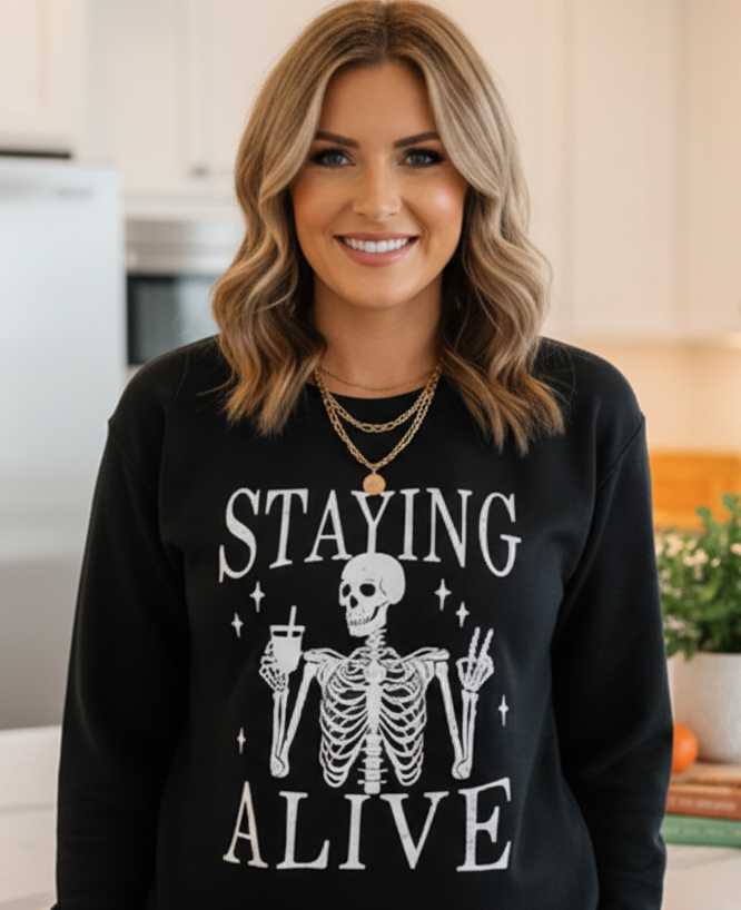 Staying Alive Skeleton Sweatshirt Funny Halloween Crew Neck Long Sleeve Pullover