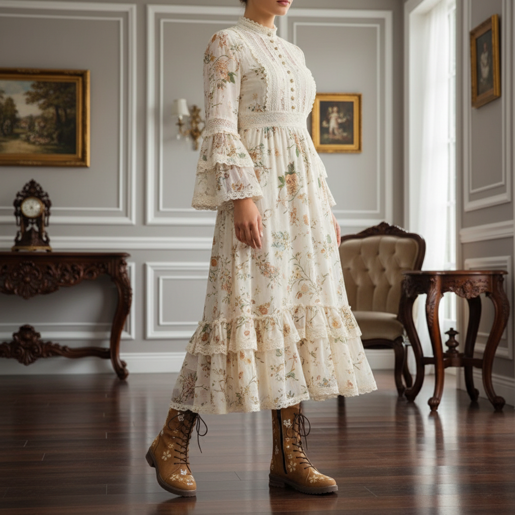 Embroidered Floral Round Toe Victorian-Inspired Low Block Heel Boots Lace-up Shoes