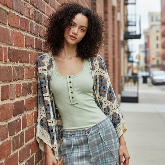 POL Crochet Batwing Cardigan Baggy Open Front Boho Granny Openwork Knit Charcoal Gray