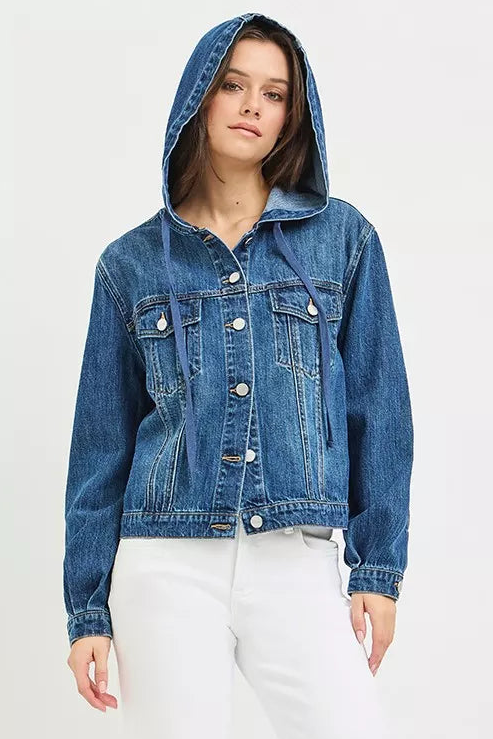 Risen Cotton Boxy Drawstring Hoodie Long Sleeve Button-Up Denim Jean Jacket