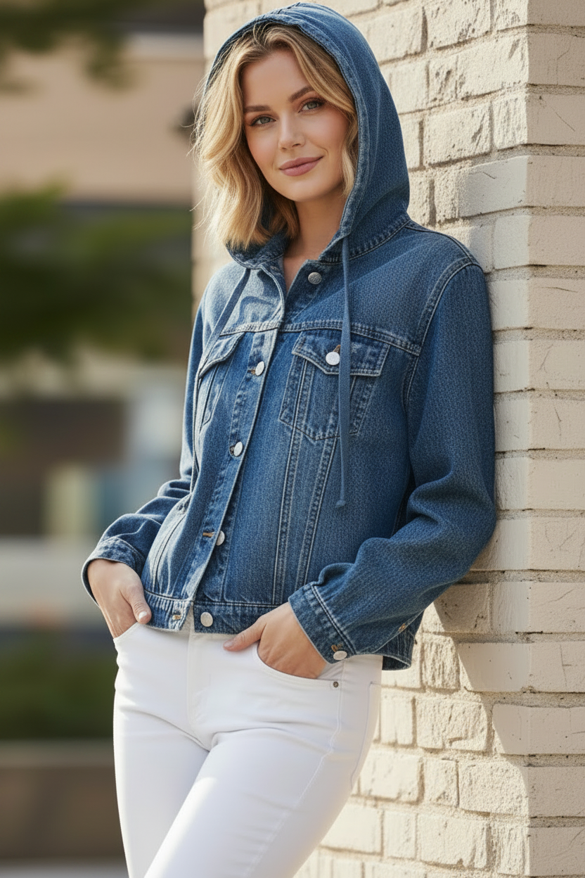 Risen Cotton Boxy Drawstring Hoodie Long Sleeve Button-Up Denim Jean Jacket