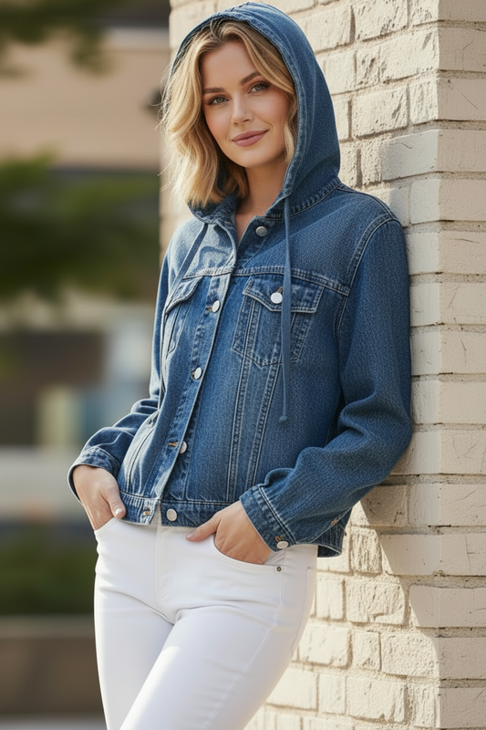 Risen Cotton Boxy Drawstring Hoodie Long Sleeve Button-Up Denim Jean Jacket