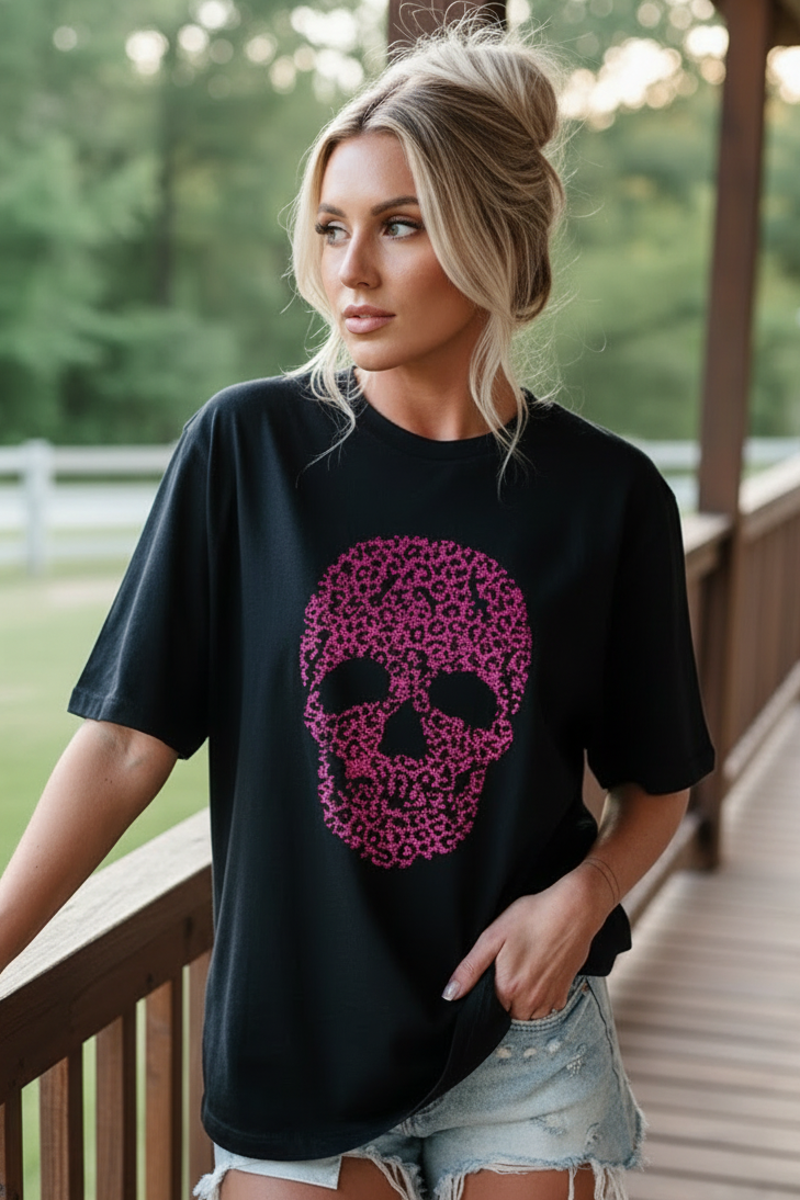 Pink Rhinestone Leopard Skull Top Crew Neck Short Sleeve Sparkling Animal Print Shirt