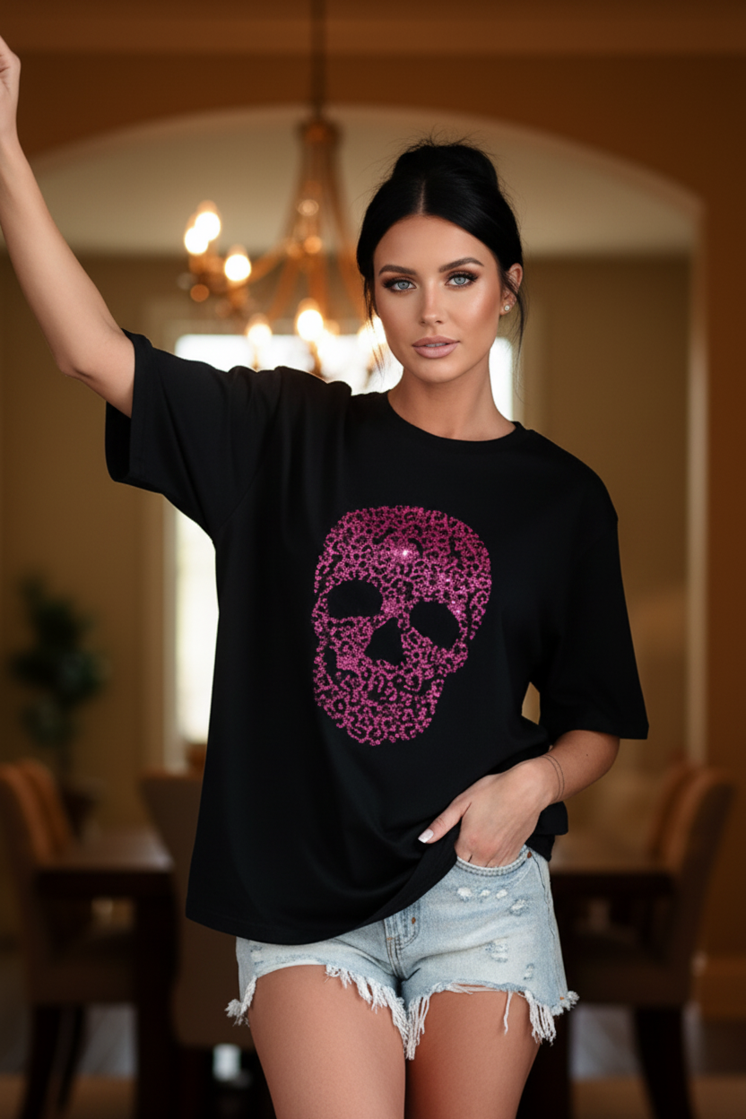 Pink Rhinestone Leopard Skull Top Crew Neck Short Sleeve Sparkling Animal Print Shirt