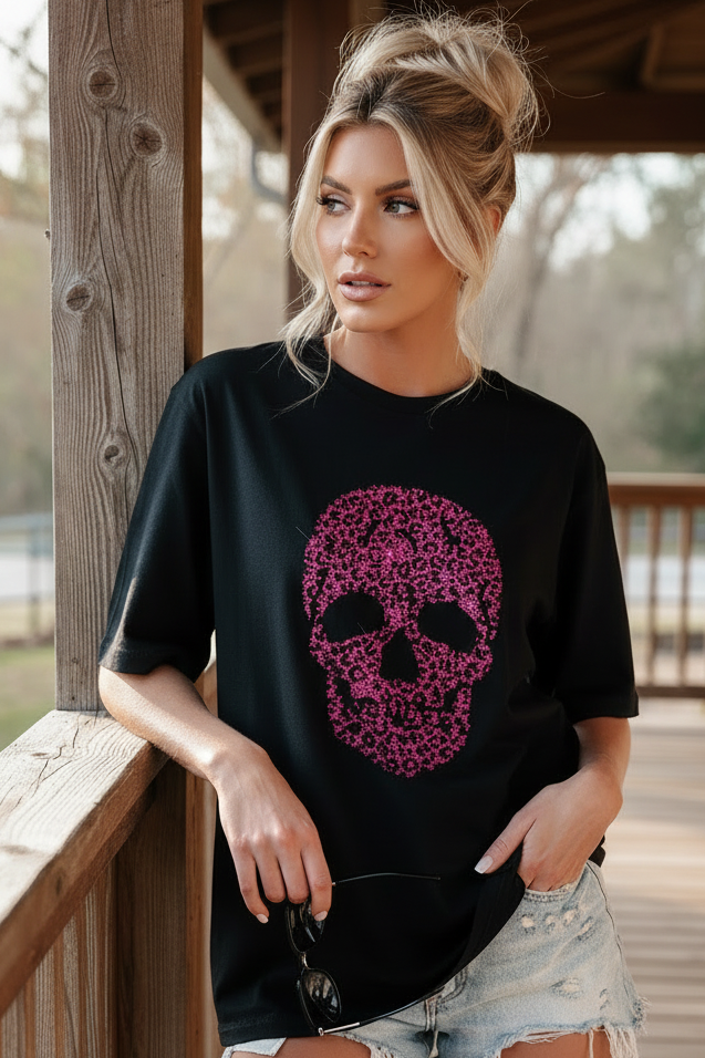 Pink Rhinestone Leopard Skull Top Crew Neck Short Sleeve Sparkling Animal Print Shirt