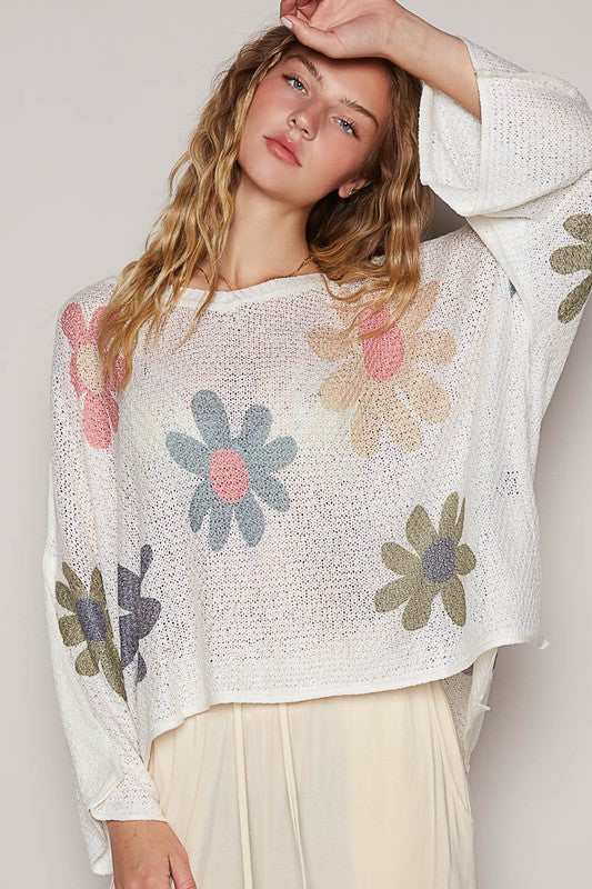 POL Daisy Colorful Retro Contrast Flower Top Oversized Shirt Pullover Knit Sweater