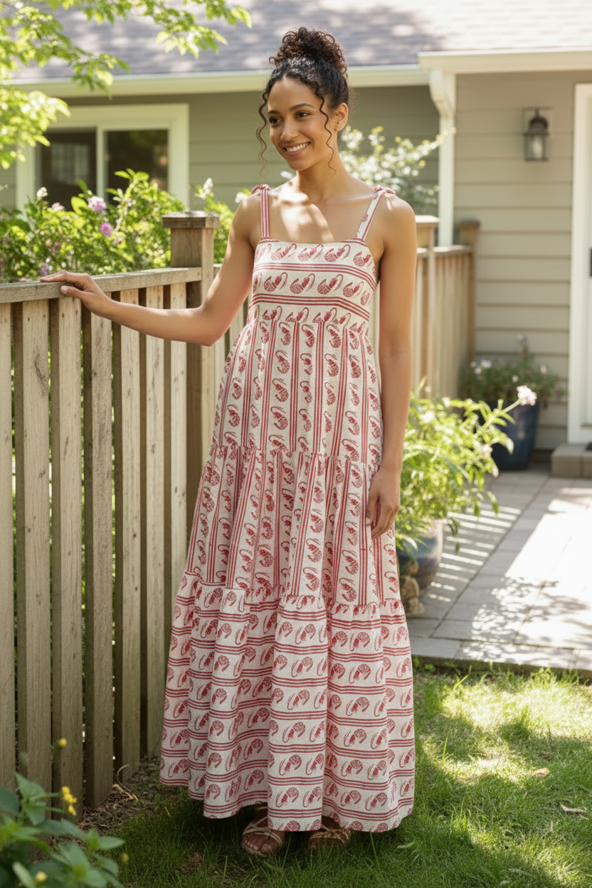 Bow Tie-Shoulder Sleeveless Square Neck Smocked Back Tiered A-line Maxi Dress