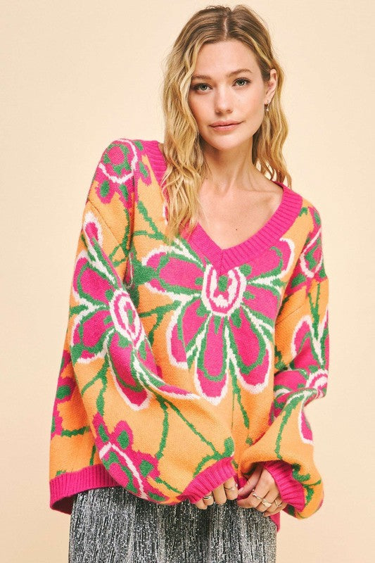 DAVI & DANI Retro Floral Bright Neon Long Sleeve Oversized Pullover Sweater Top