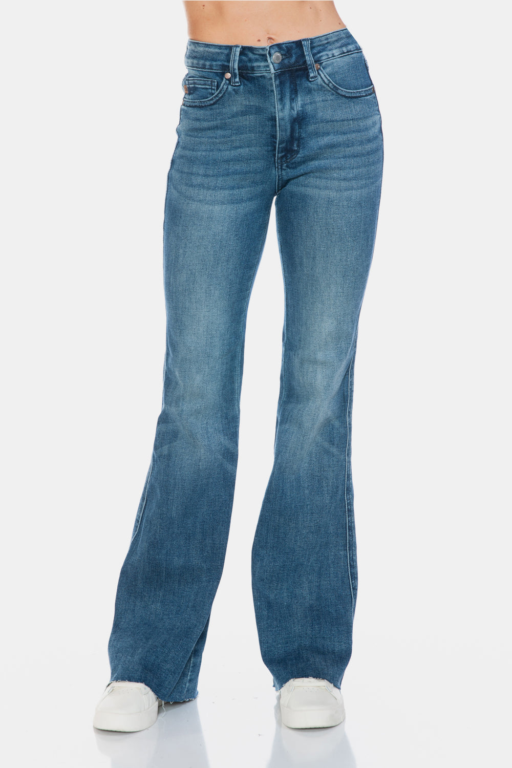 Judy Blue Tummy Control Mid-Rise Jeans Slim Fit Tapered Flare Cut-off Denim Pants