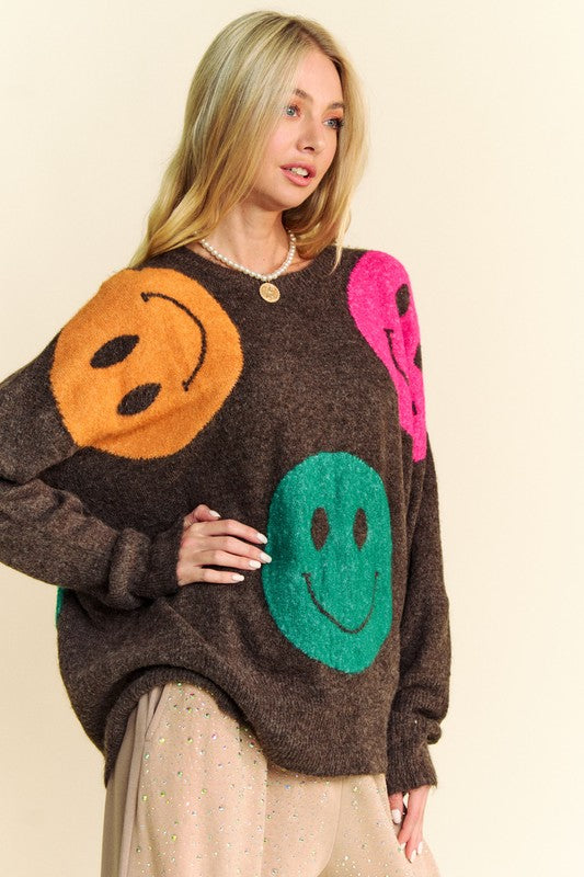 DAVI & DANI Knit Smiley Face Contrast Long Sleeve Oversized Pullover Sweater Top