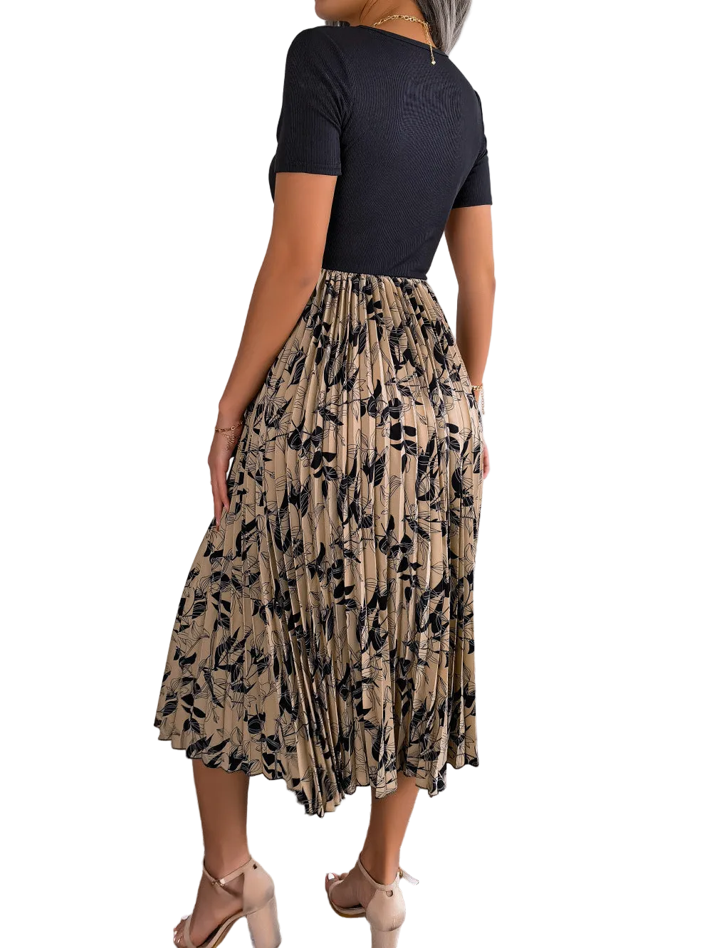 Floral Accordion Pleated Midi Dress Round Neck Short Sleeve Flowing Colorblock A-Line