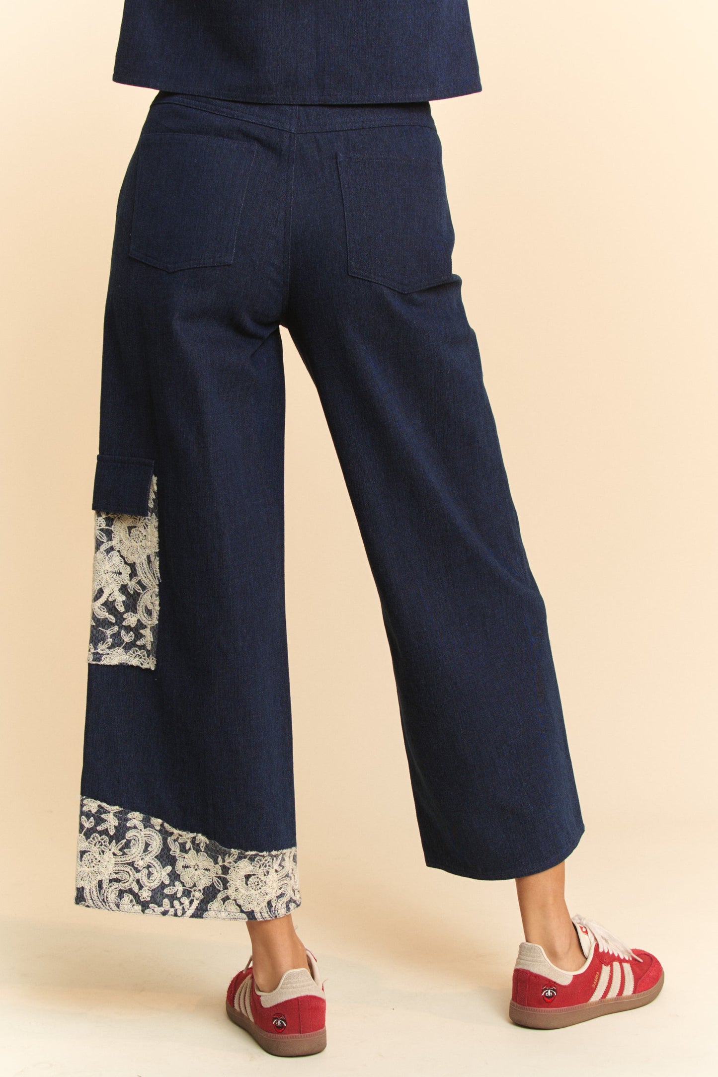 DAVI & DANI Jeans Lace Cargo Patchwork High-Rise Relaxed Wide Leg Denim Pants