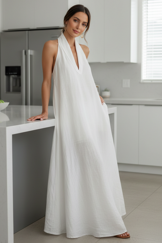 Folded Collar Plunging Halter V-Neck Neck Oversized Maxi Dress Pockets