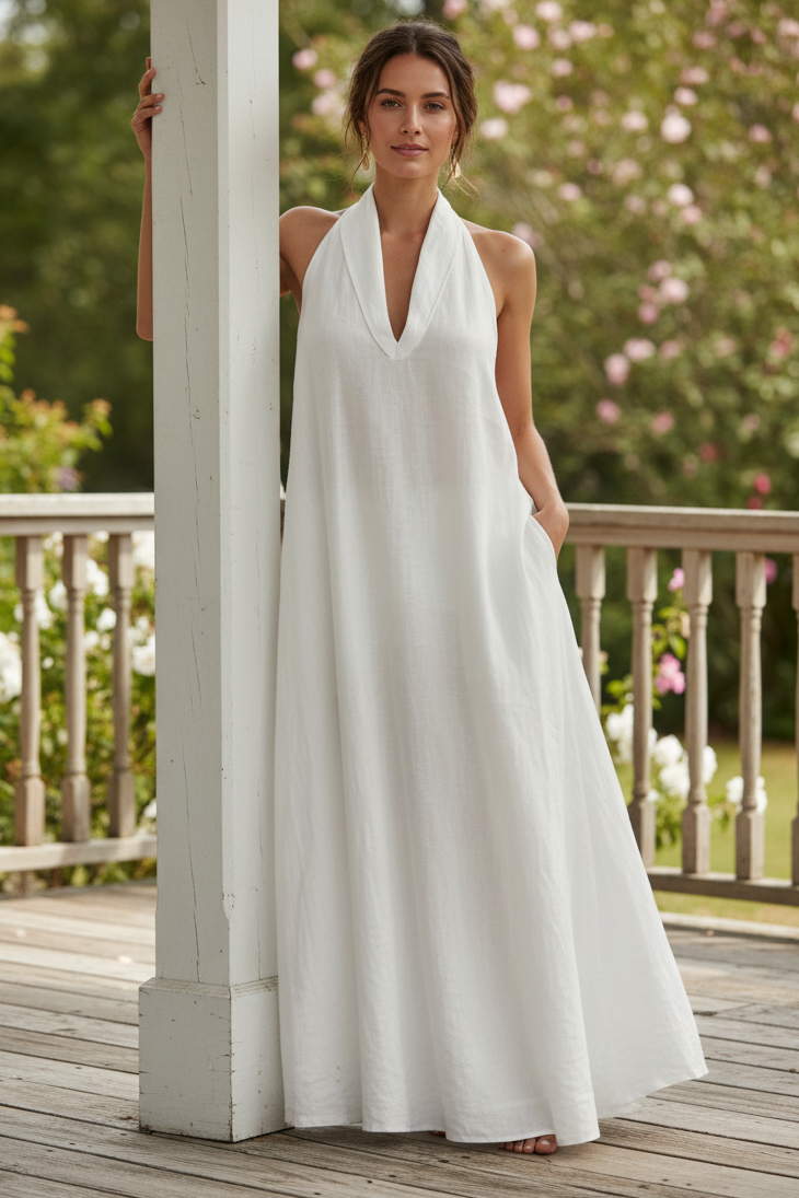 Folded Collar Plunging Halter V-Neck Neck Oversized Maxi Dress Pockets