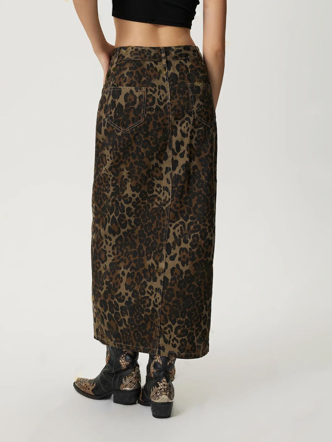 Leopard Denim Button-Up Straight Full-Length Long Pencil Jean Maxi Skirt Pockets