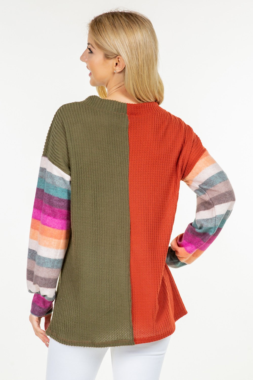 Celeste Patchwork Color Contrasting Top Stripe Long Sleeve Bohemian Waffle Knit Shirt