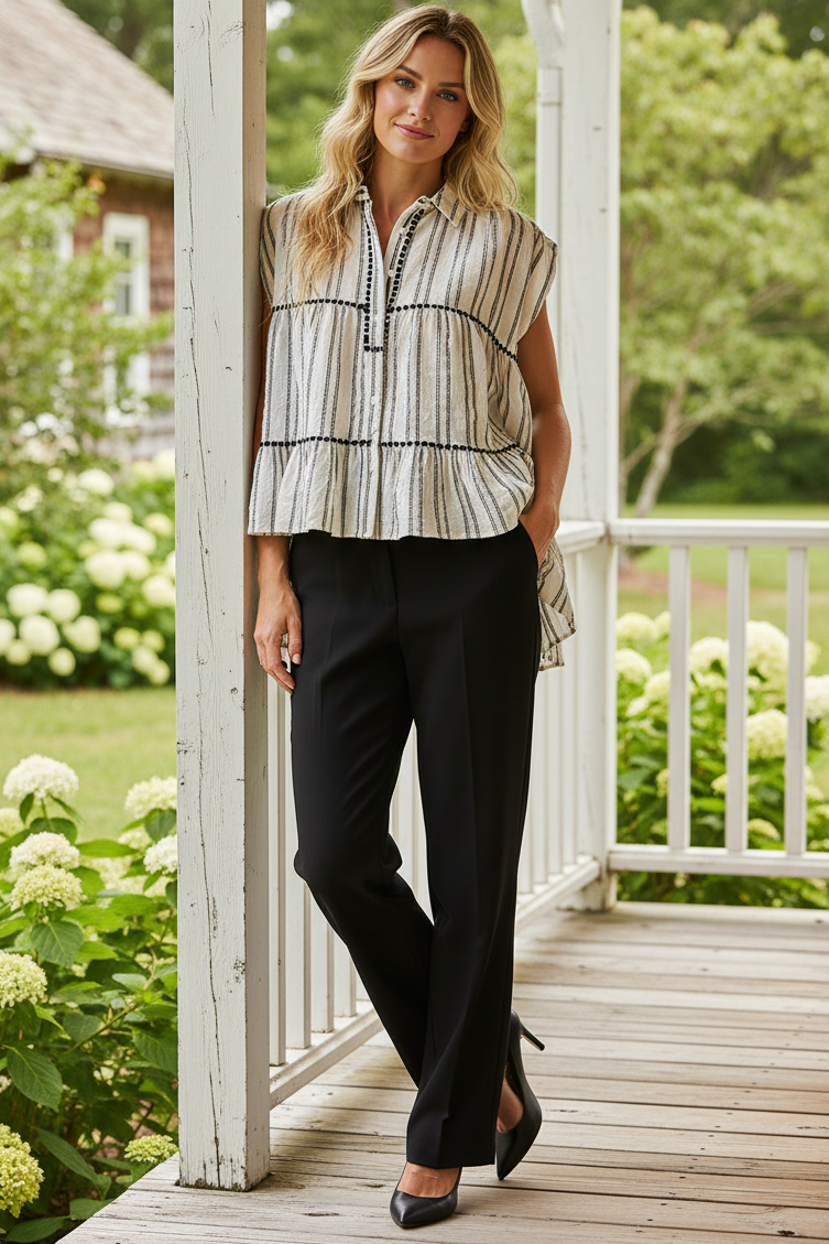 POL Cotton High-Low Ruffle Henley Button Collar Shirt Sleeveless Oversized Boxy Tunic Top