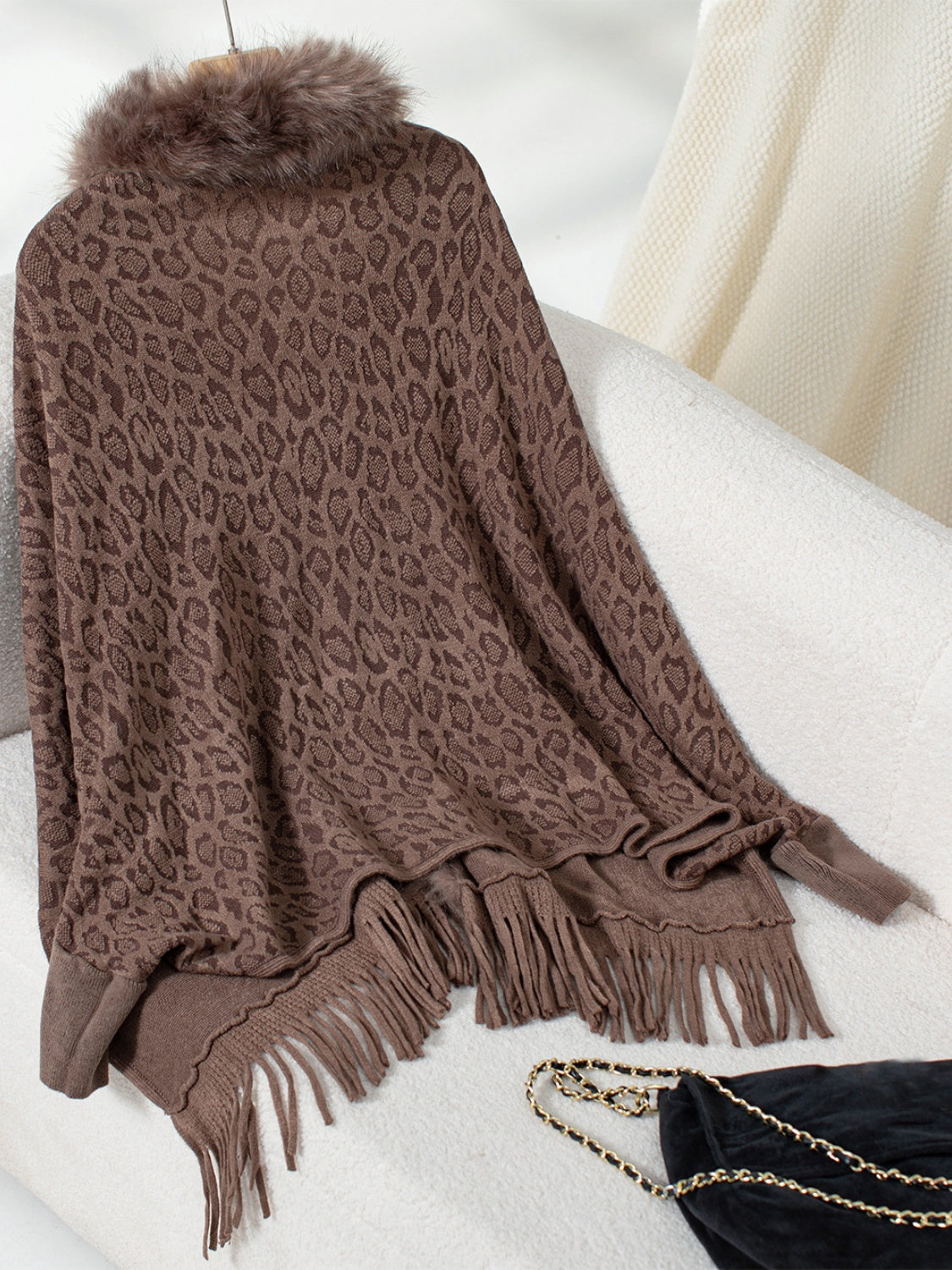 Plush Faux Fur Leopard Retro Fringe Oversized Poncho Knit Cardigan Jacket