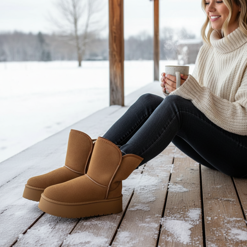 Platform Classic Short Boot Plush Faux Fur Vegan Suede Chunky Lug Winter Shoes