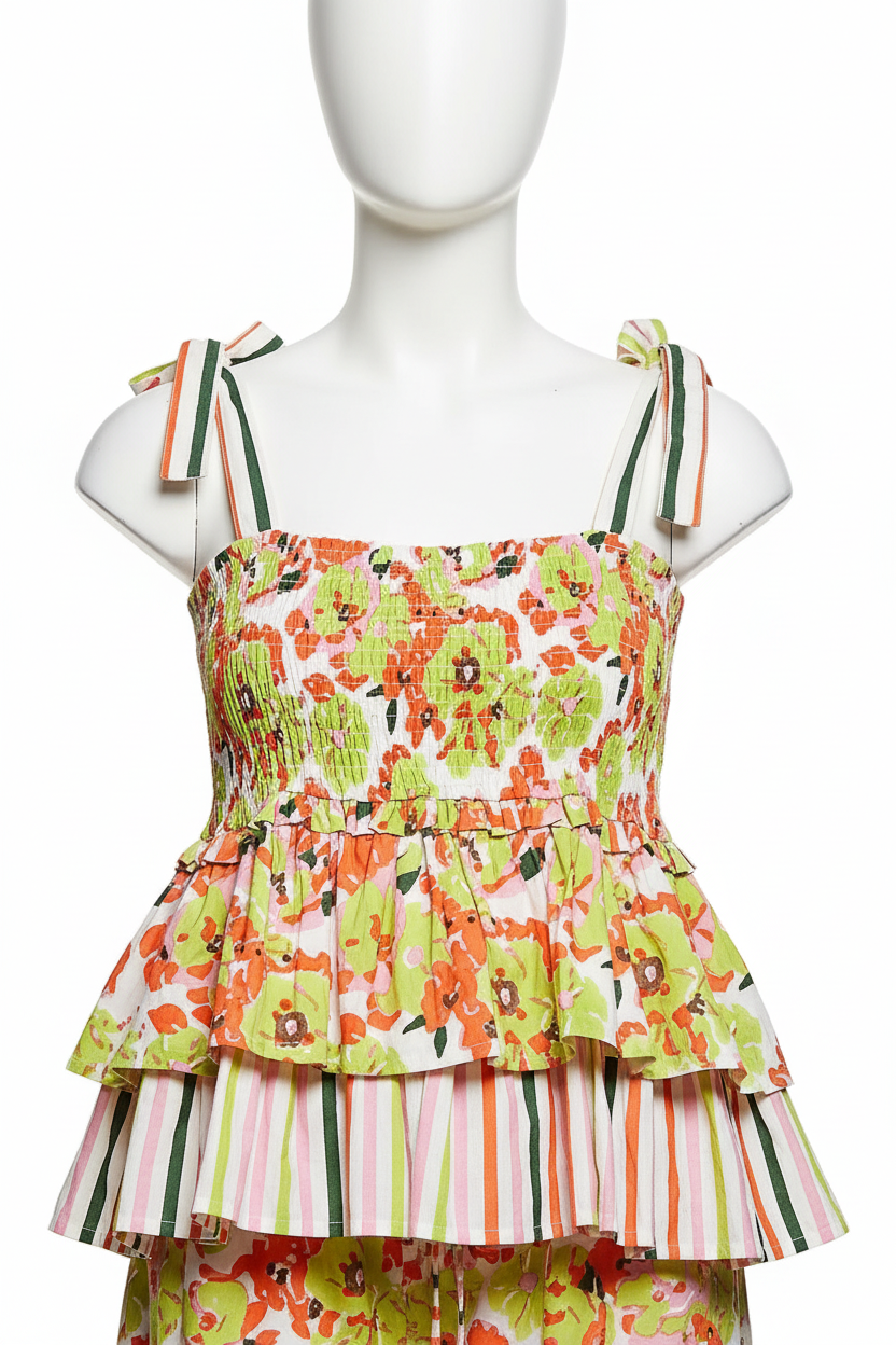 POL Contrast Floral Stripe Cotton Smocked Peplum Tiered Ruffle Shoulder Tie Top