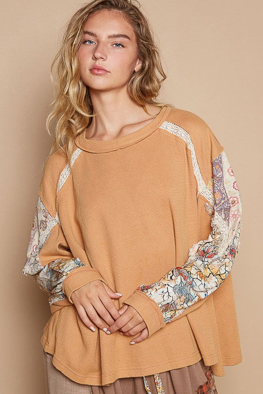 POL Waffle Knit Lace Patchwork Floral Pullover Top Oversized Bohemian Shirt