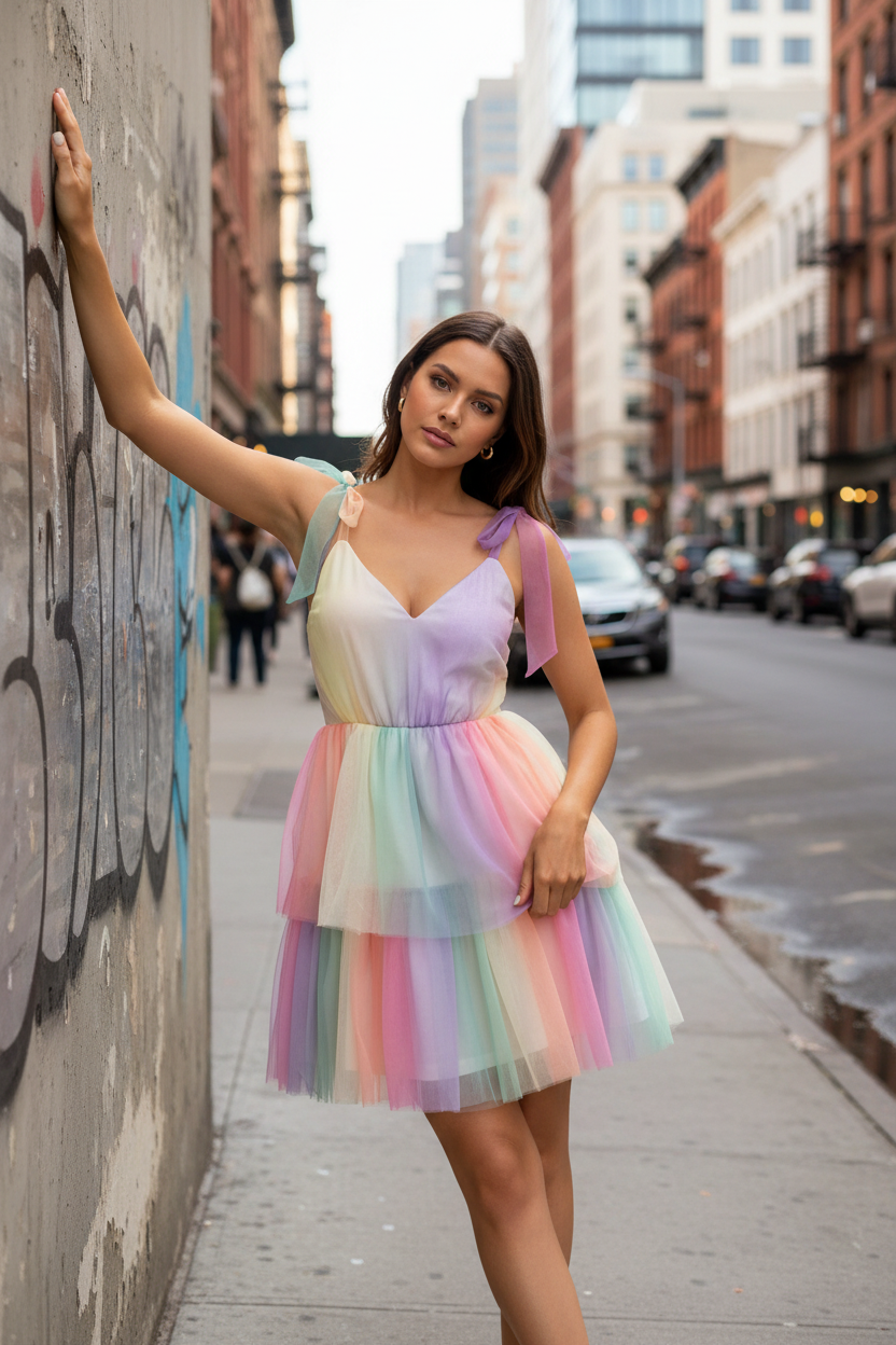 Pastel Rainbow Tiered Tulle Tie-Shoulder Colorful Kawaii Party V-neck Mini Dress