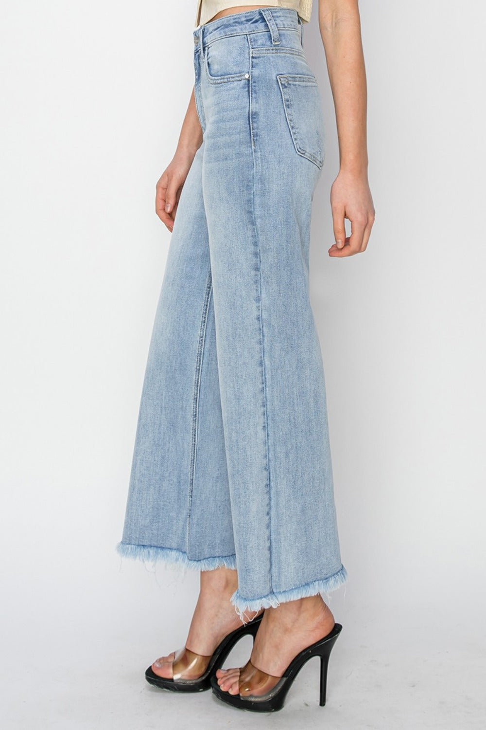 RISEN High-Rise Waist Pants Wide Leg Cropped Raw Frayed Hem Boyfriend Denim Jeans