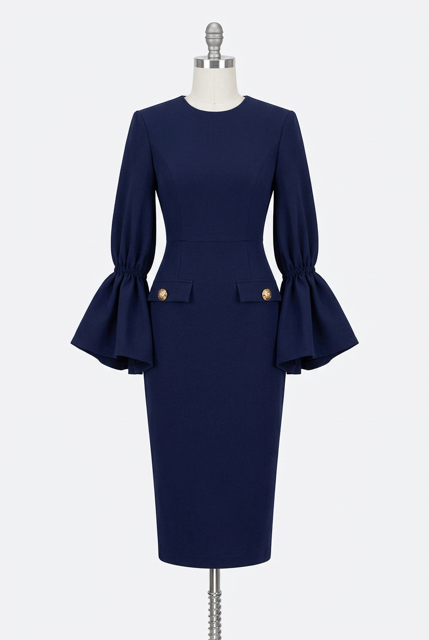 Dramatic Bell Sleeve Pencil Midi Dress Gold Button Faux Pocket Knee-length Bodycon