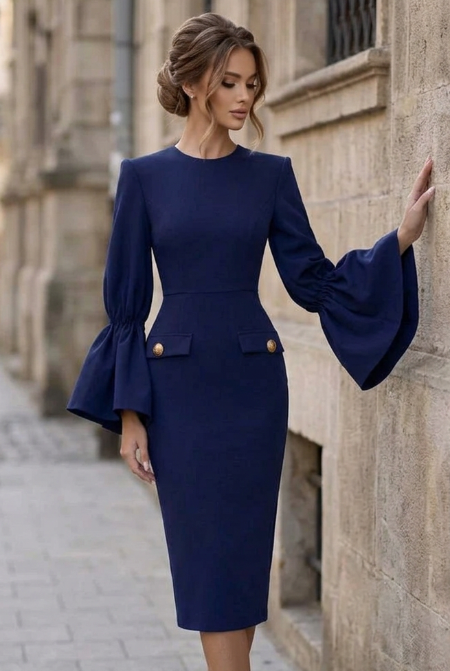 Dramatic Bell Sleeve Pencil Midi Dress Gold Button Faux Pocket Knee-length Bodycon
