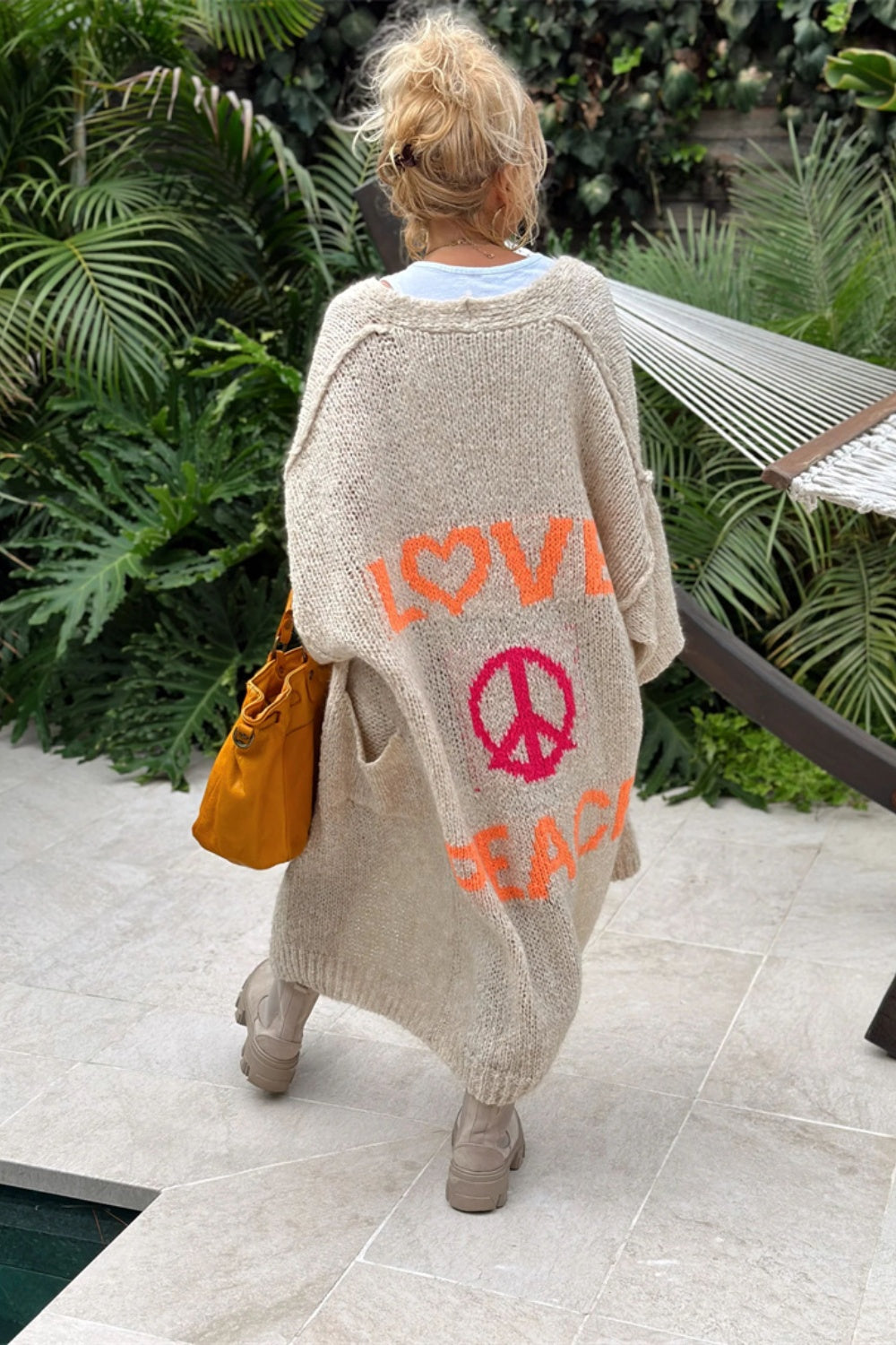 LOVE PEACE Oversized Knit Exposed Seam Longline Patch Pocket Duster Long Cardigan