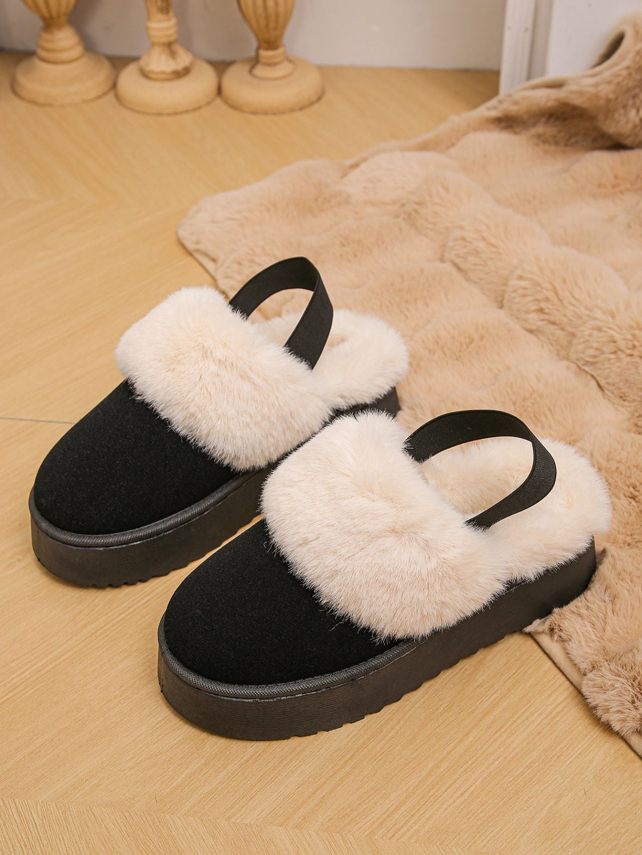 Platform Slippers Funkette Plush Faux Fur Slip-on Vegan Suede Ankle Strap Shoes