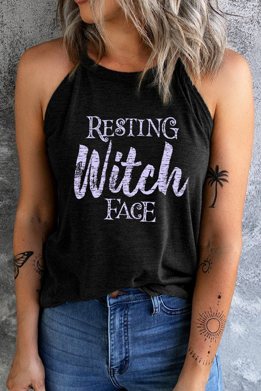 Funny Resting Witch Face Graphic Shirt Sleeveless Halloween Round Neck Top