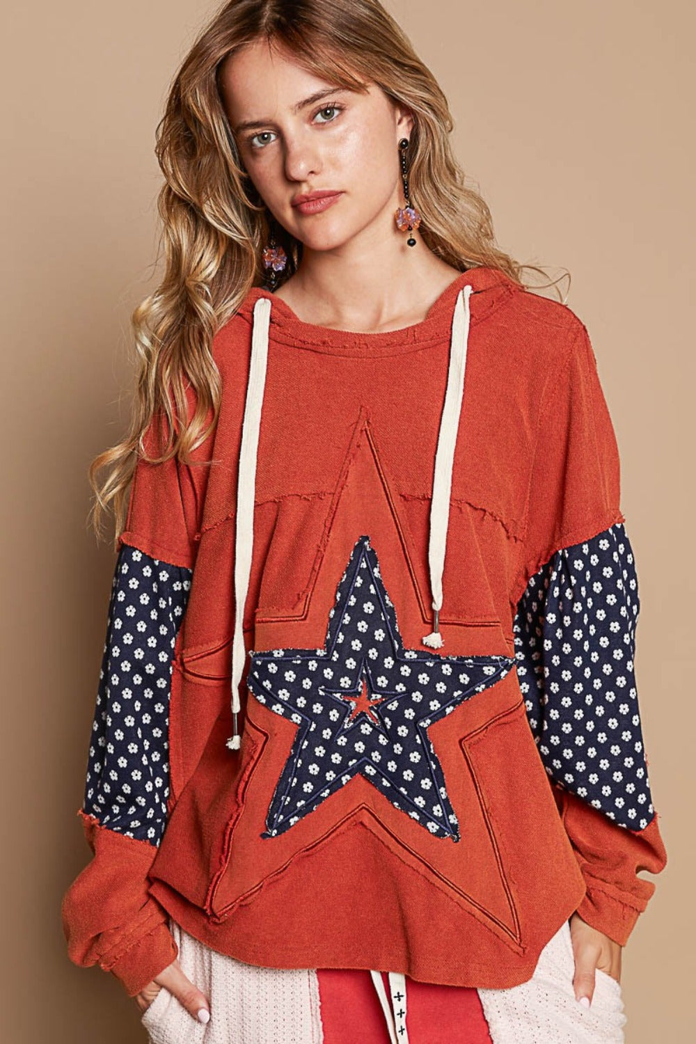 POL French Terry Star Patchwork Hoodie Raw Seam Oversized Top Hippie Boho Shirt