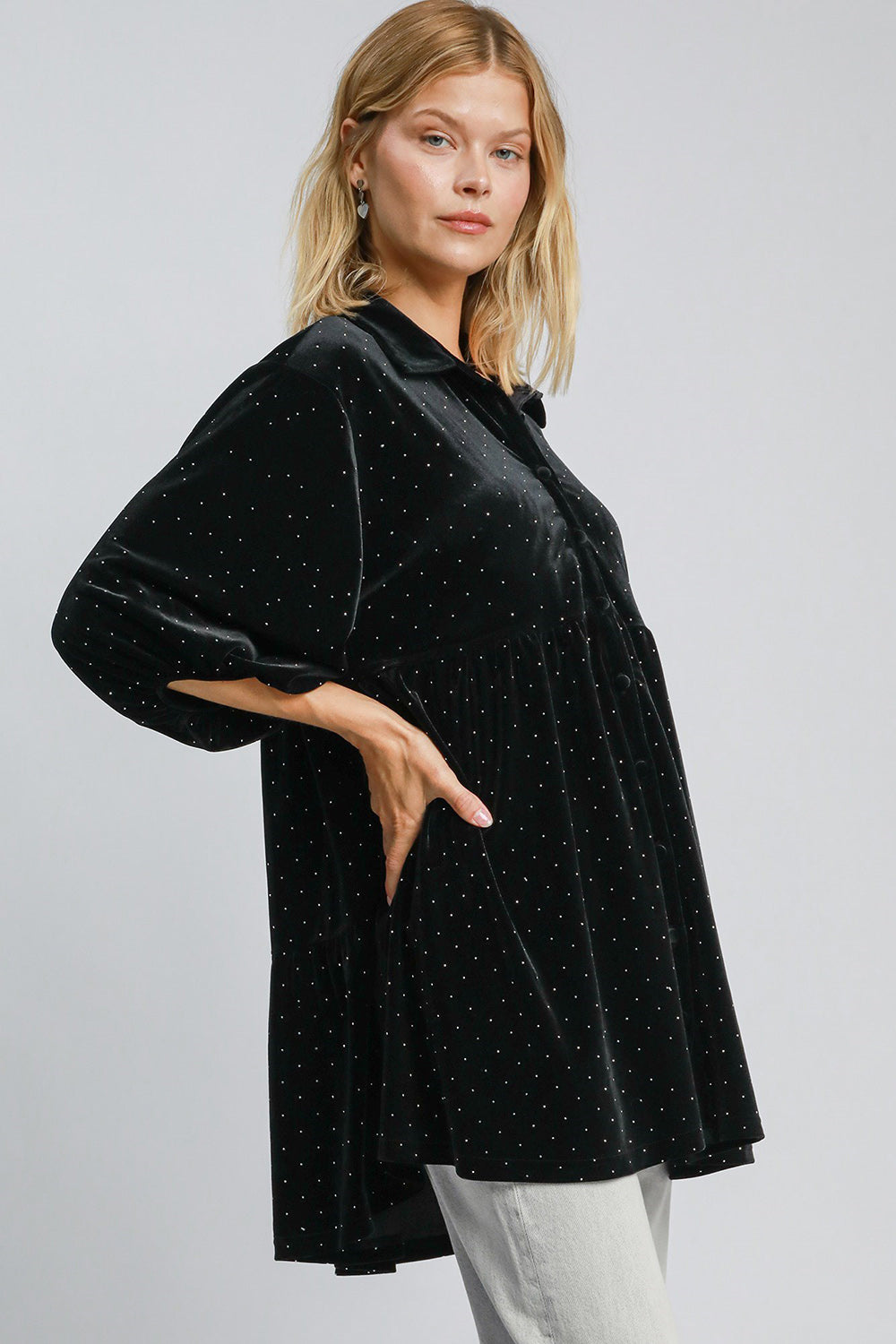 Umgee Velour Polka-dot Boho Oversized Top Peplum Babydoll Shirt Velour Blouse