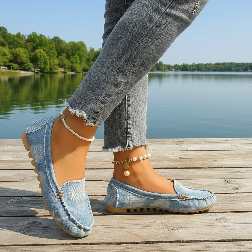 Denim Flat Slip-On Loafers Raw Seam Retro Acid Wash Round Toe Boat Shoes