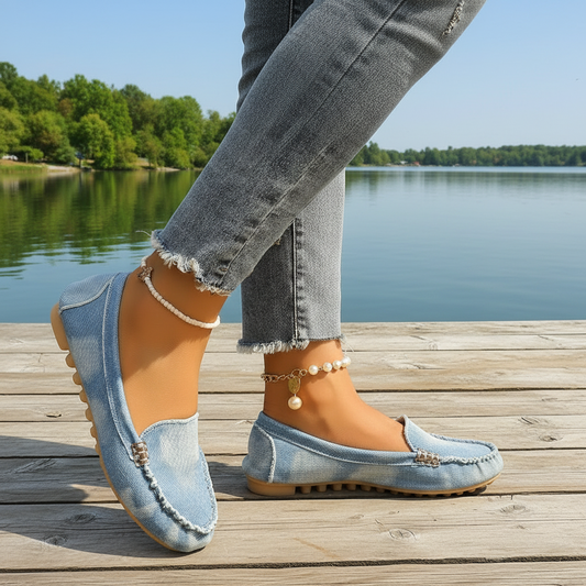 Denim Flat Slip-On Loafers Raw Seam Retro Acid Wash Round Toe Boat Shoes