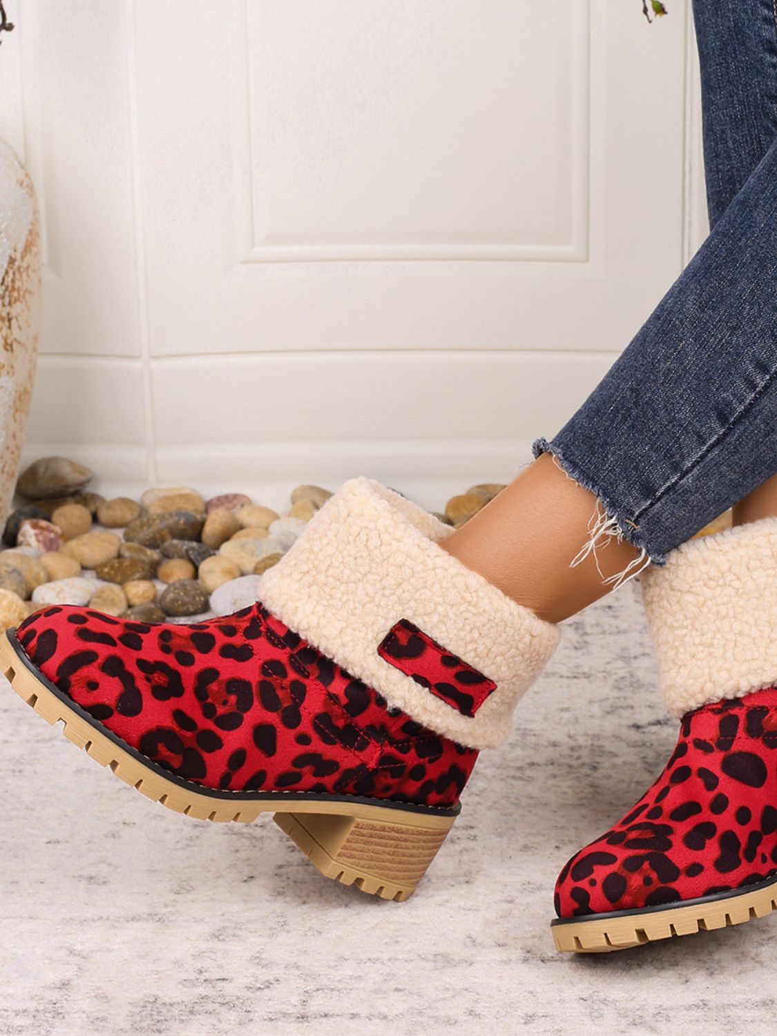 Fuzzy Sherpa Cuff Animal Leopard Ankle Boots Chunky Block Heel Slip-on Shoes