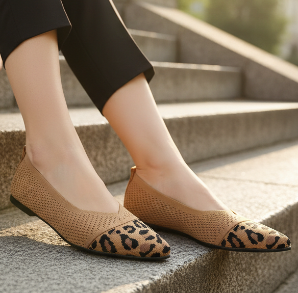 Printed Contrasting V-Cut Pointed Toe Sleek Knit Ballet Flats Classic Slip-On Shoes
