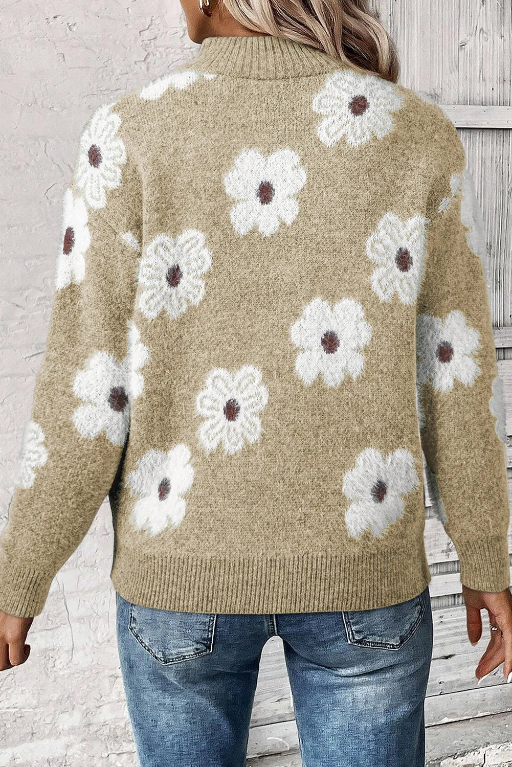 Fuzzy Half-Zip Pullover Daisy Retro Flower Top Eyelash Knit Henley Neck Sweater Shirt