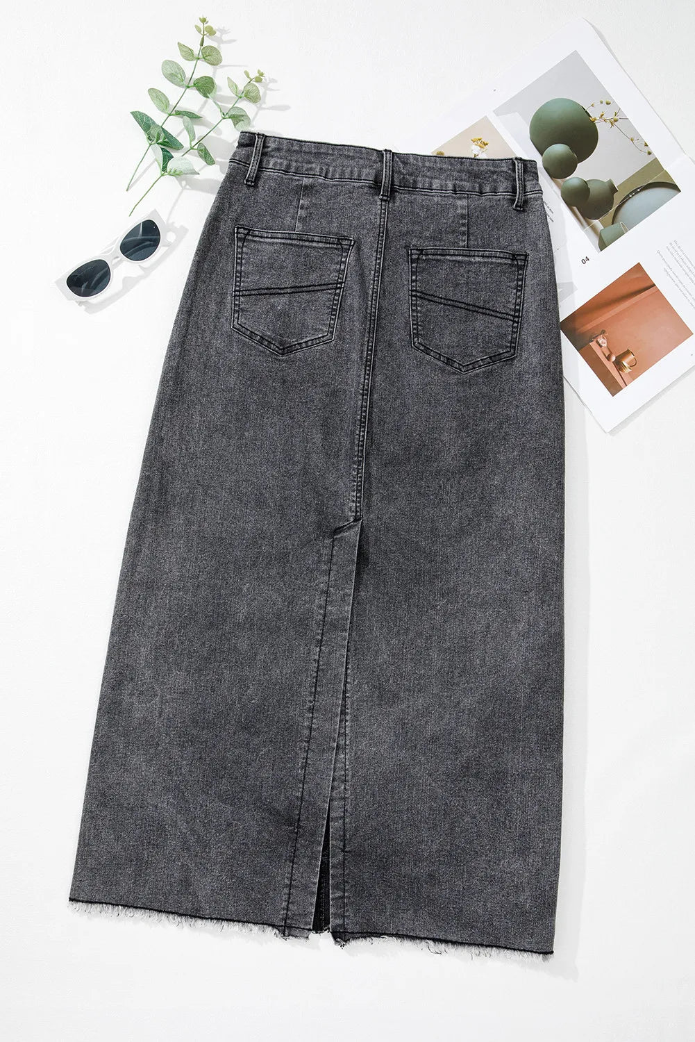 High-Rise Midi Retro 90s Acid Wash Black Denim Back Slit Frayed Raw Hem Jean Skirt