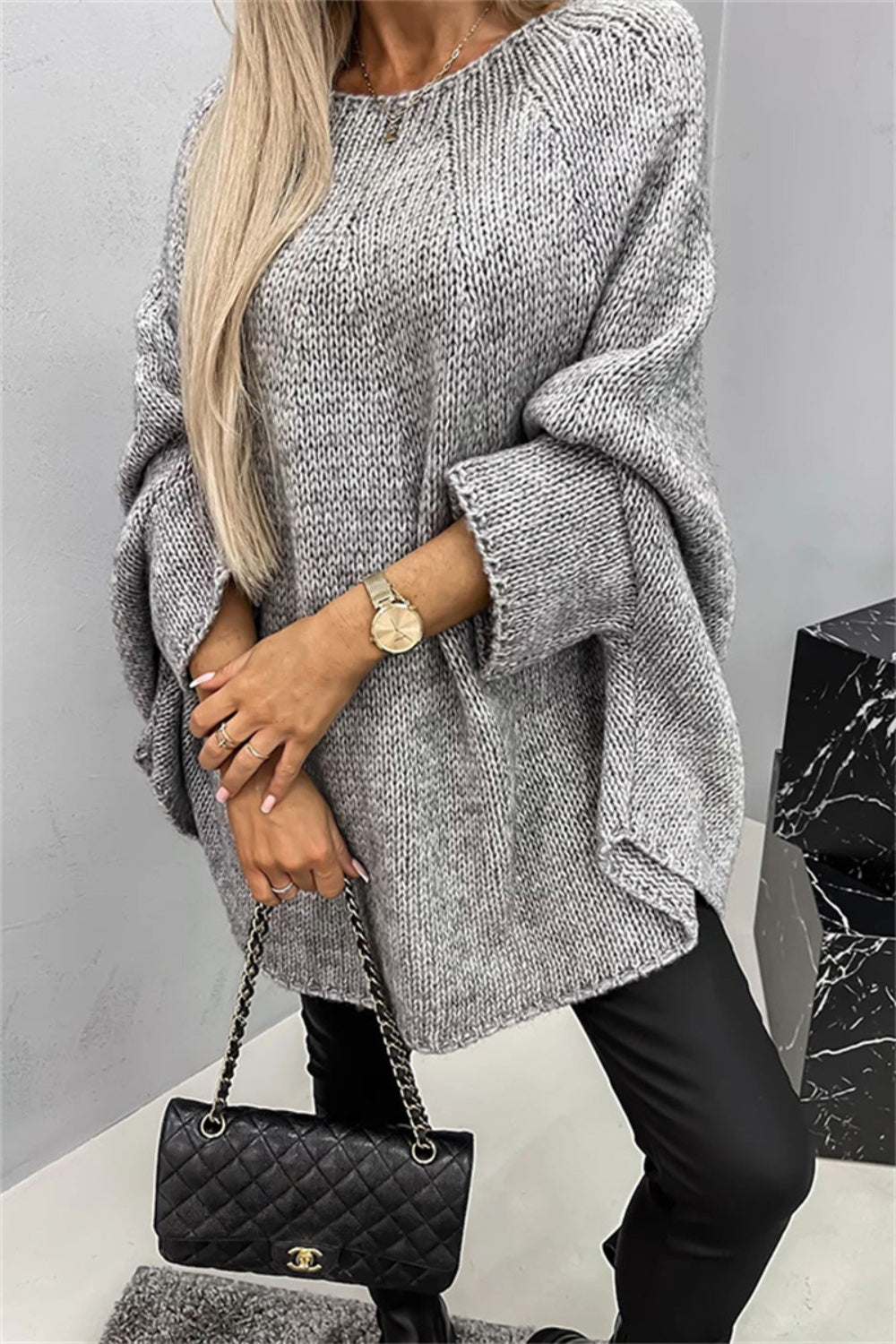 Oversized Knit Top Batwing Baggy Long Pullover Sweater Poncho Shirt Round Neck