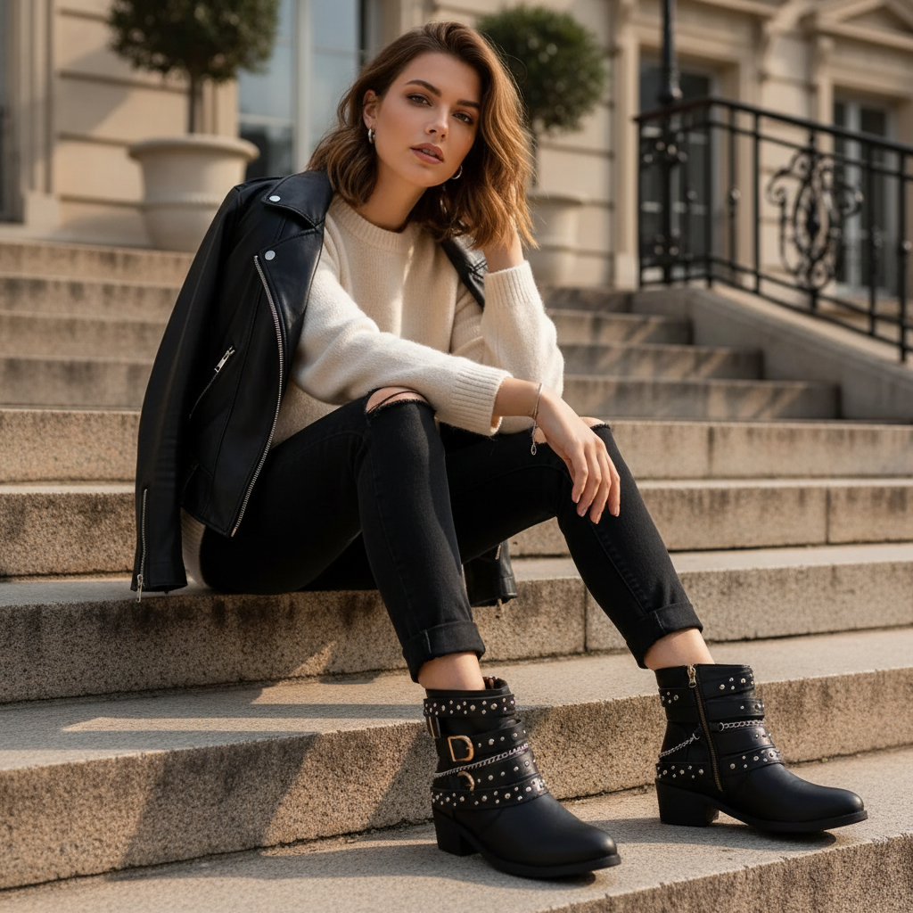 Studded Buckle Ankle Boots Vegan Leather Moto Strappy Urban Block Heel Shoes