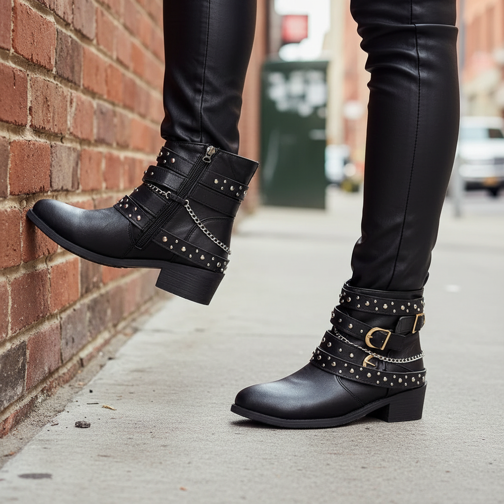 Studded Buckle Ankle Boots Vegan Leather Moto Strappy Urban Block Heel Shoes