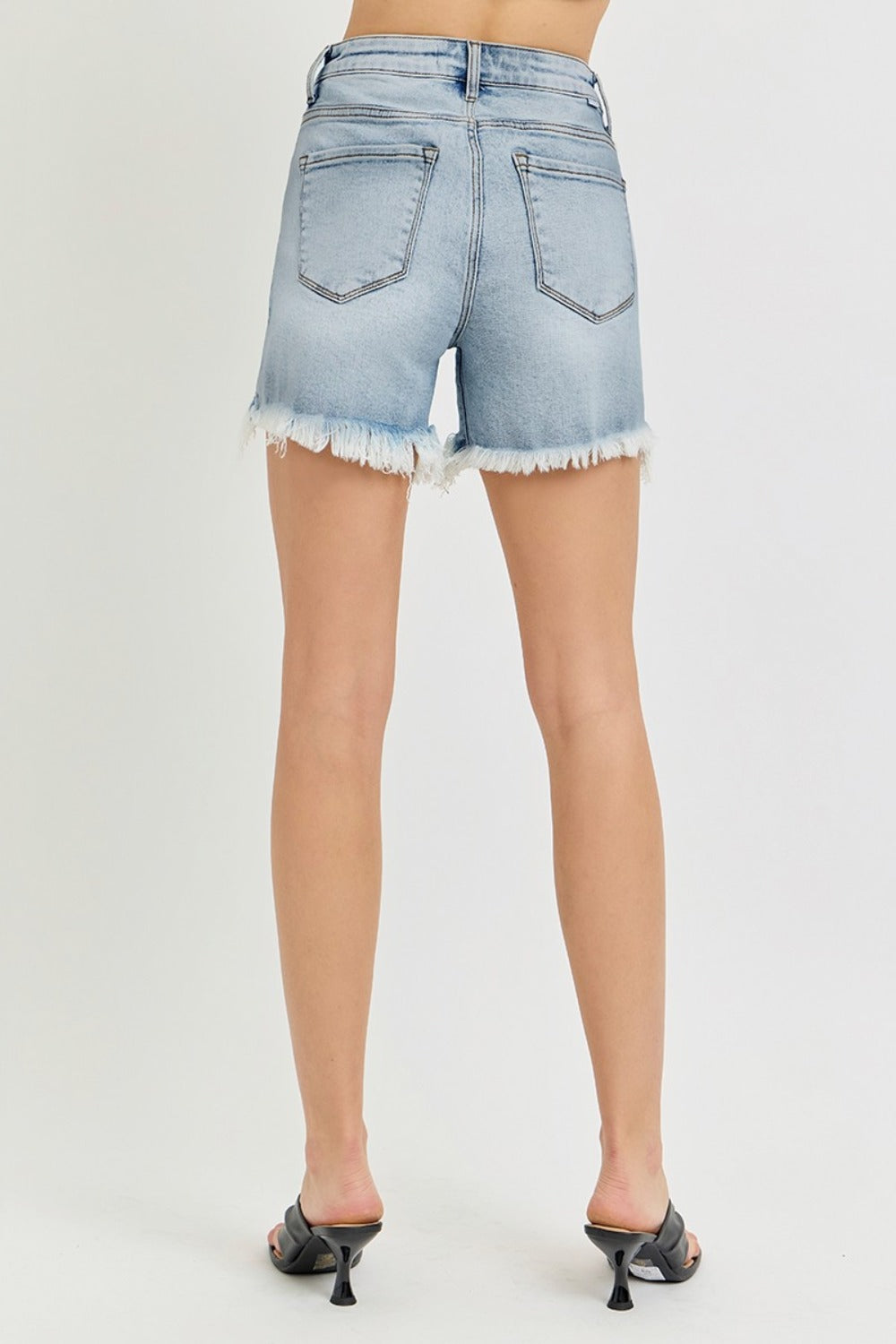 RISEN High Rise Waist Distressed Denim Cut-off Frayed Mid-length Step Blue Jean Shorts