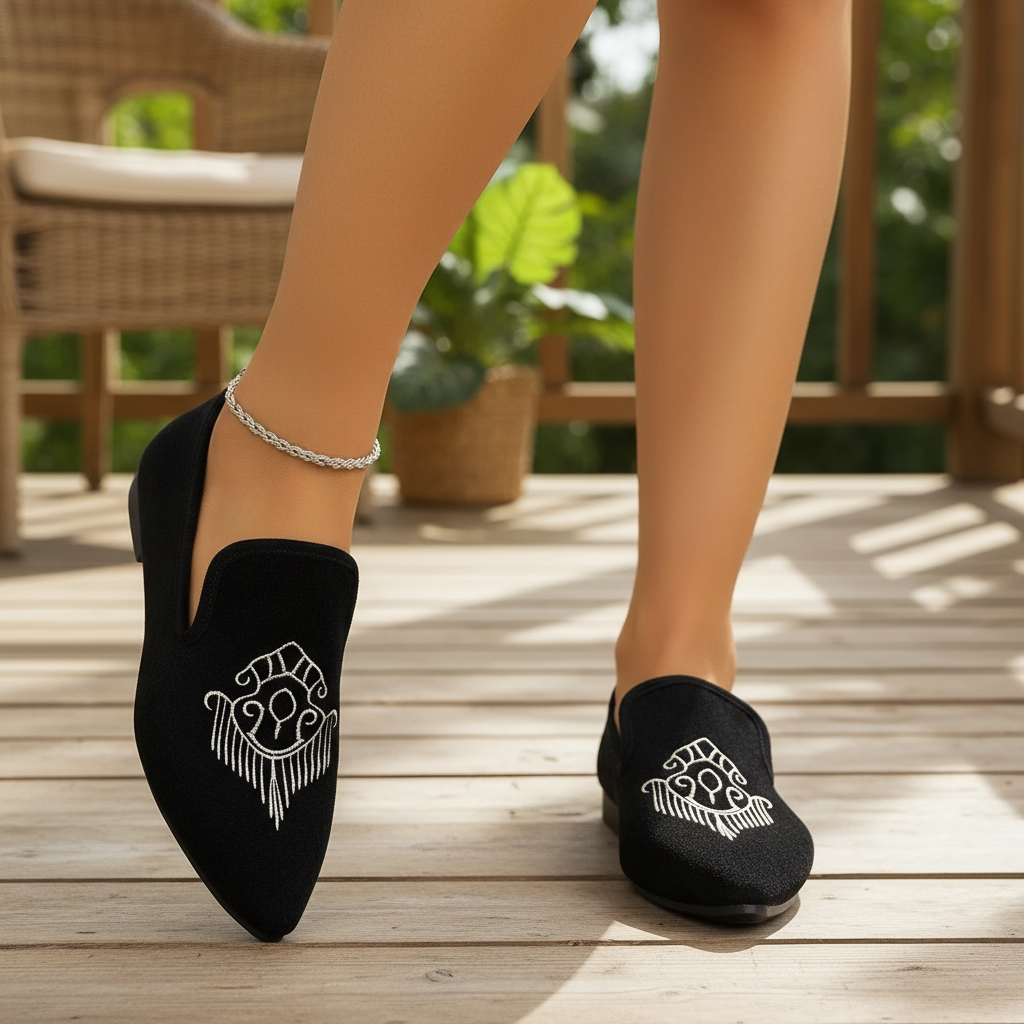 Pointed Toe Embroidered Slip-On Loafer or Ankle Strap Mary Jane Ballet Flats Vegan Suede Shoes