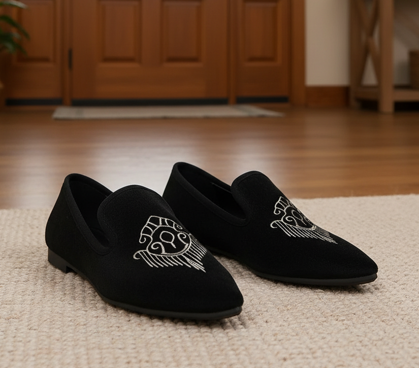 Pointed Toe Embroidered Slip-On Loafer or Ankle Strap Mary Jane Ballet Flats Vegan Suede Shoes