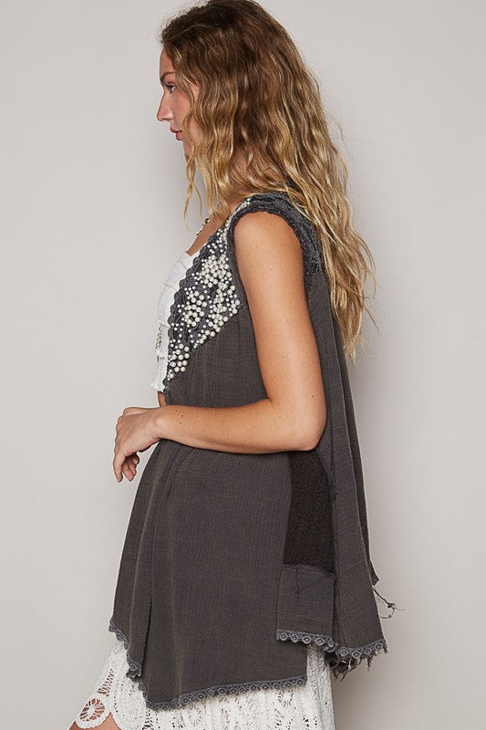 POL Lace Pearl Embroidered Patchwork Boho Vest Gauze Raw Hem Sleeveless Cardigan Charcoal Gray