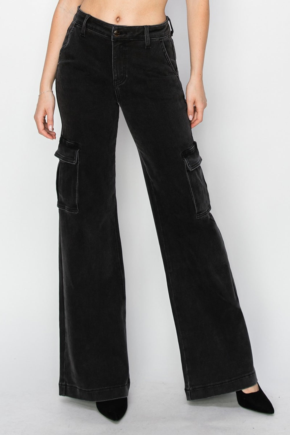 RISEN Cargo High-Rise Waist Boyfriend Denim Relaxed Wide Leg Utility Jean Pants